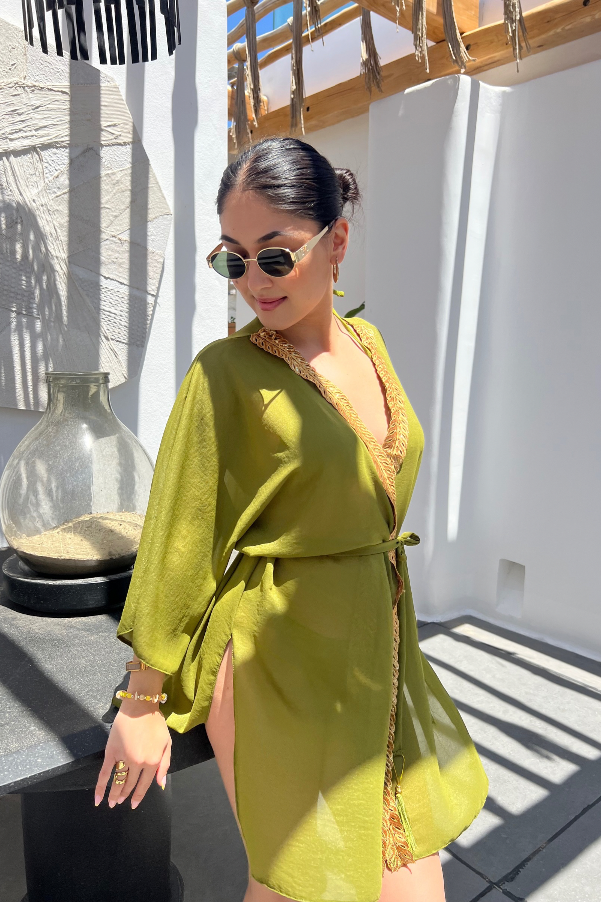 Sommer Kaftan Olive Green Oasis mit goldenen Details