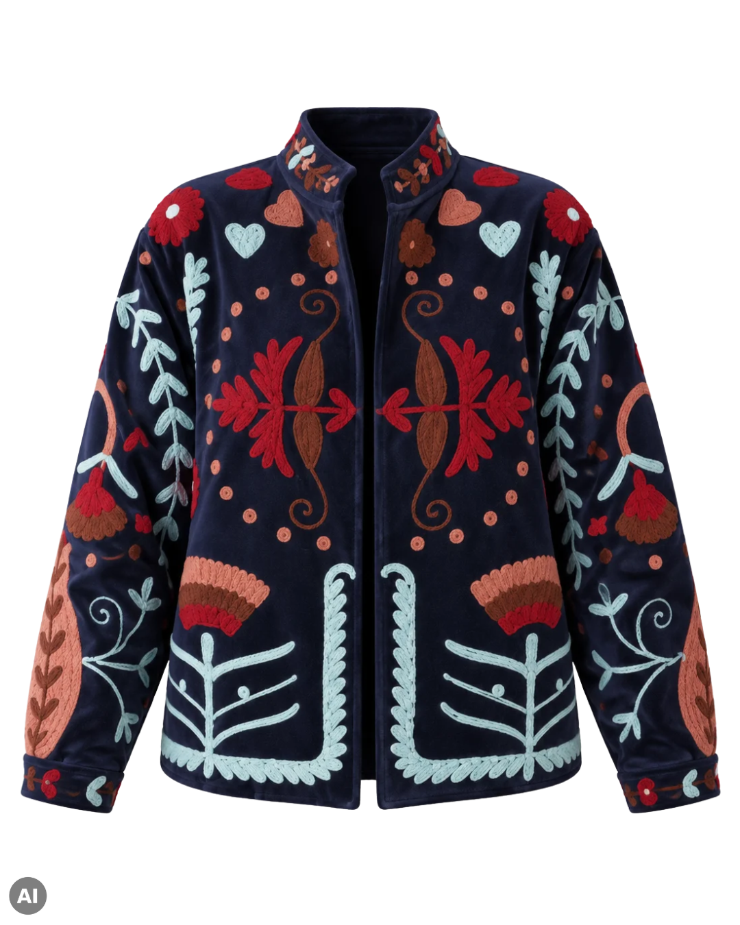 AMORE JACKET Navy von SEFA – bestickte Samtjacke mit floralen Details. Hollowman Bild Frontseite von der Jacke.