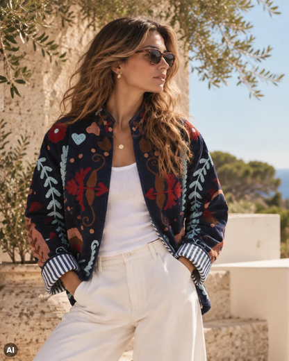 Frau trägt die AMORE JACKET Navy von SEFA – bestickte Samtjacke mit floralen Details